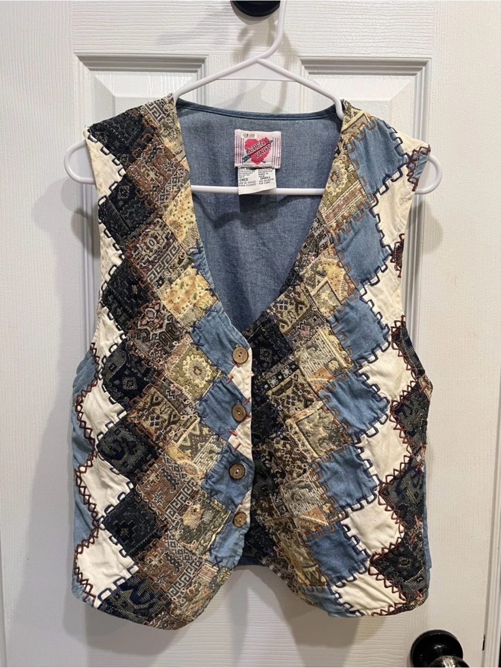 KEREN hart Patchwork Quilted Vest in Blue, Cream, Brown
